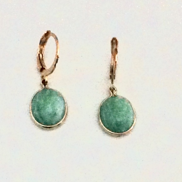 14K Gold-Dipped Semi-Precious Aventurine Stone Oval Drop Earrings - Picture 1 of 3